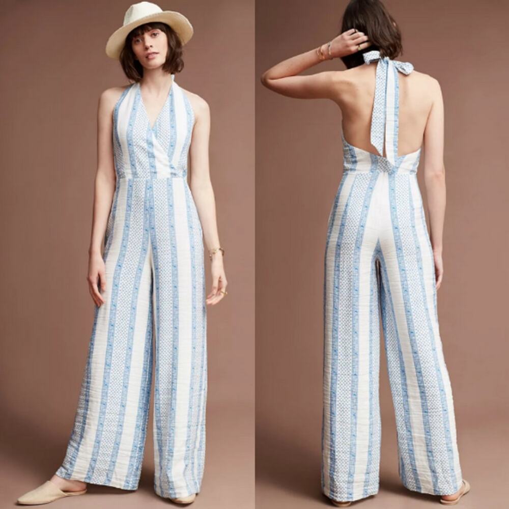 Anthropologie Line & Dot Bandana Halter Jumpsuit Blue Boho Spring Resort